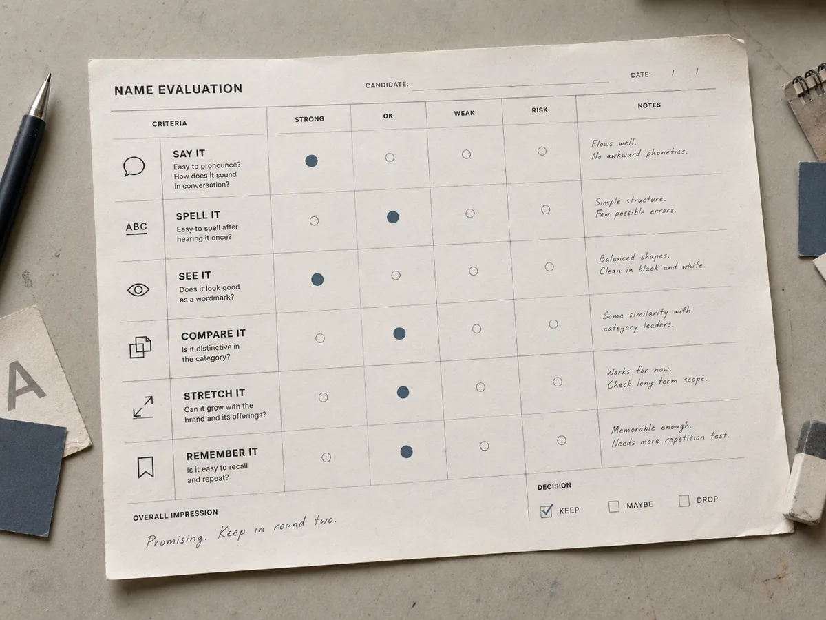 Printed name evaluation sheet with criteria for pronunciation, spelling, visual use, comparison, flexibility, and memorability