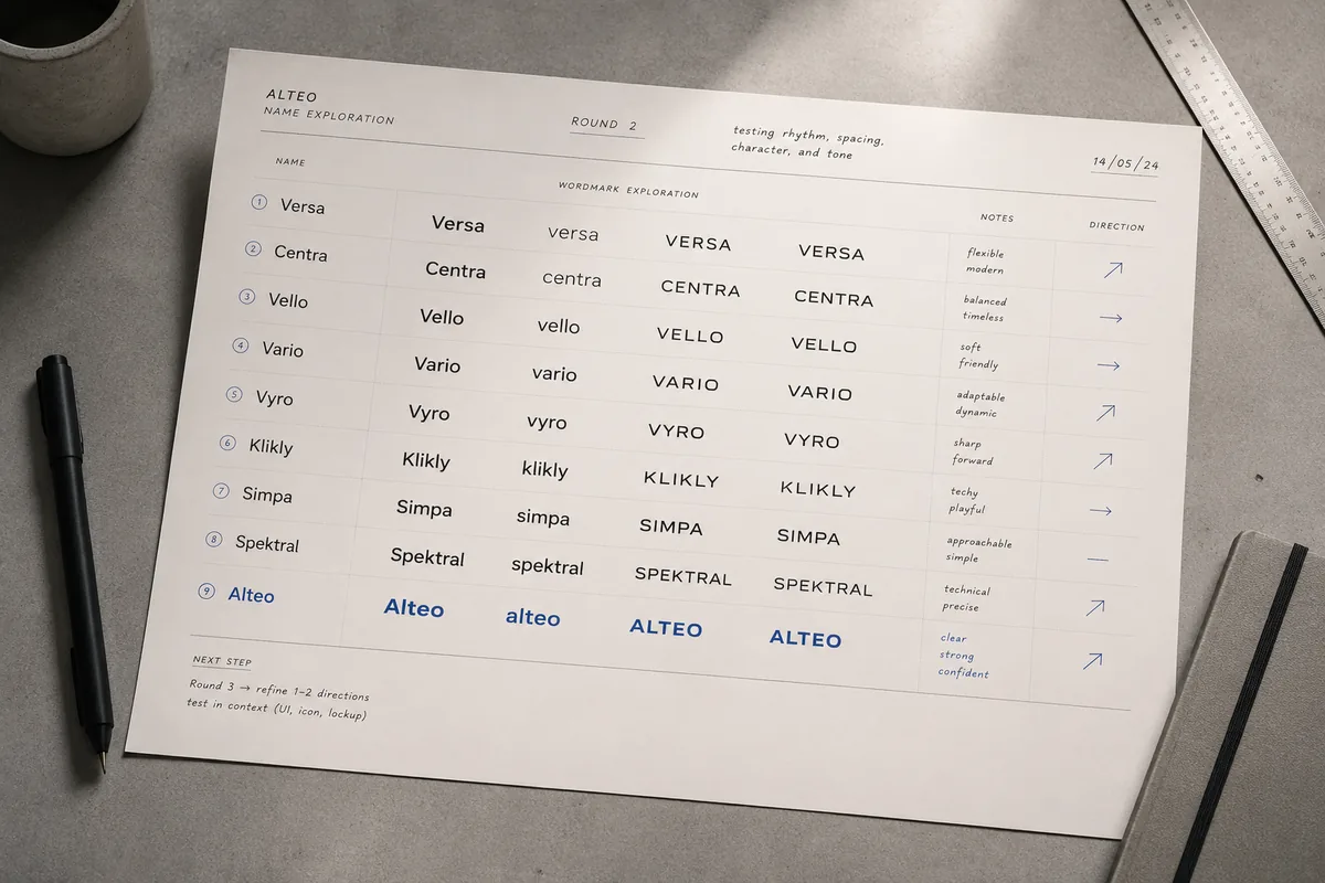 Alteo name exploration sheet showing candidate names tested through typography, spacing, rhythm, and direction