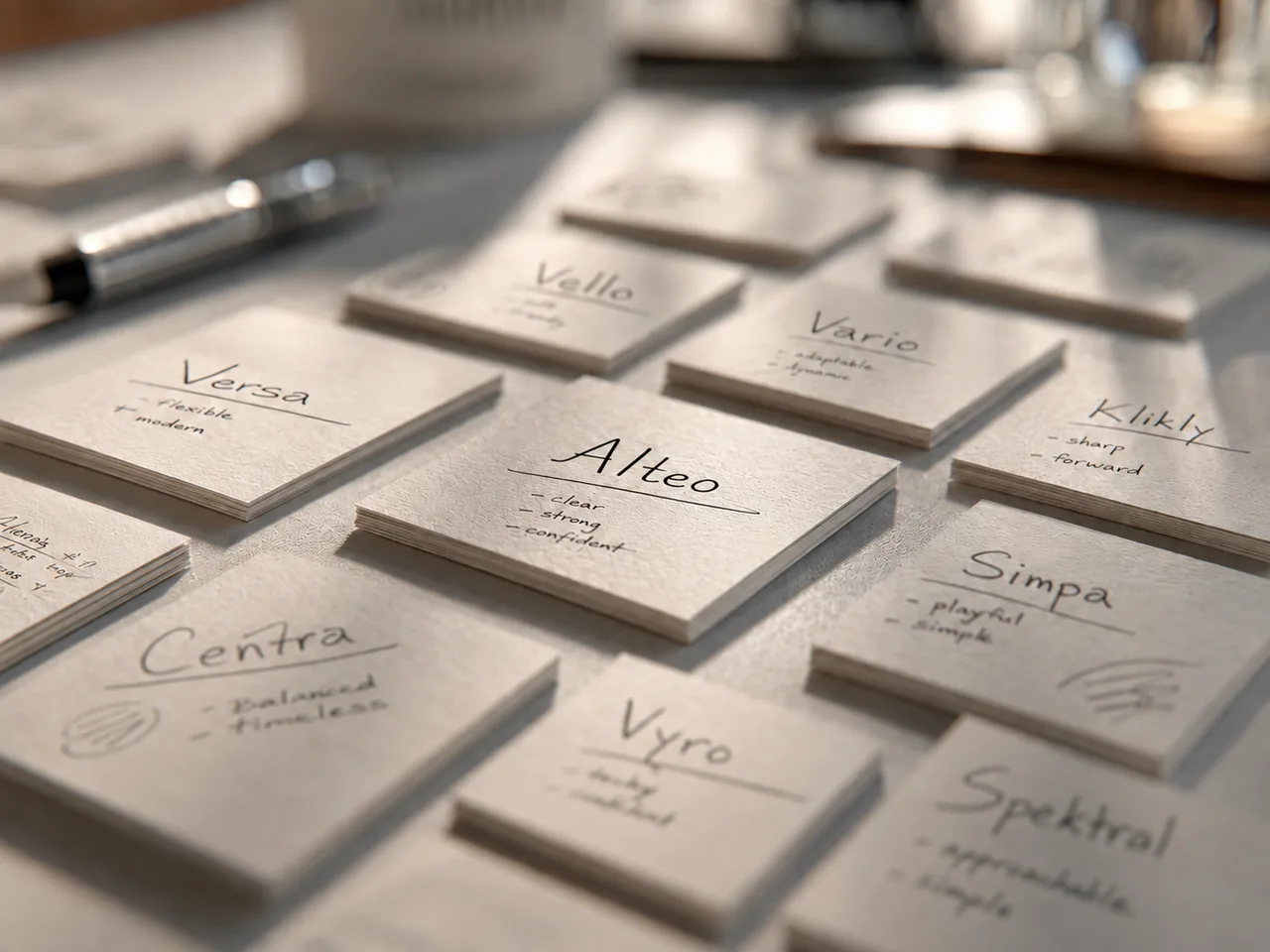 Alteo naming candidate cards with handwritten direction notes on a work table