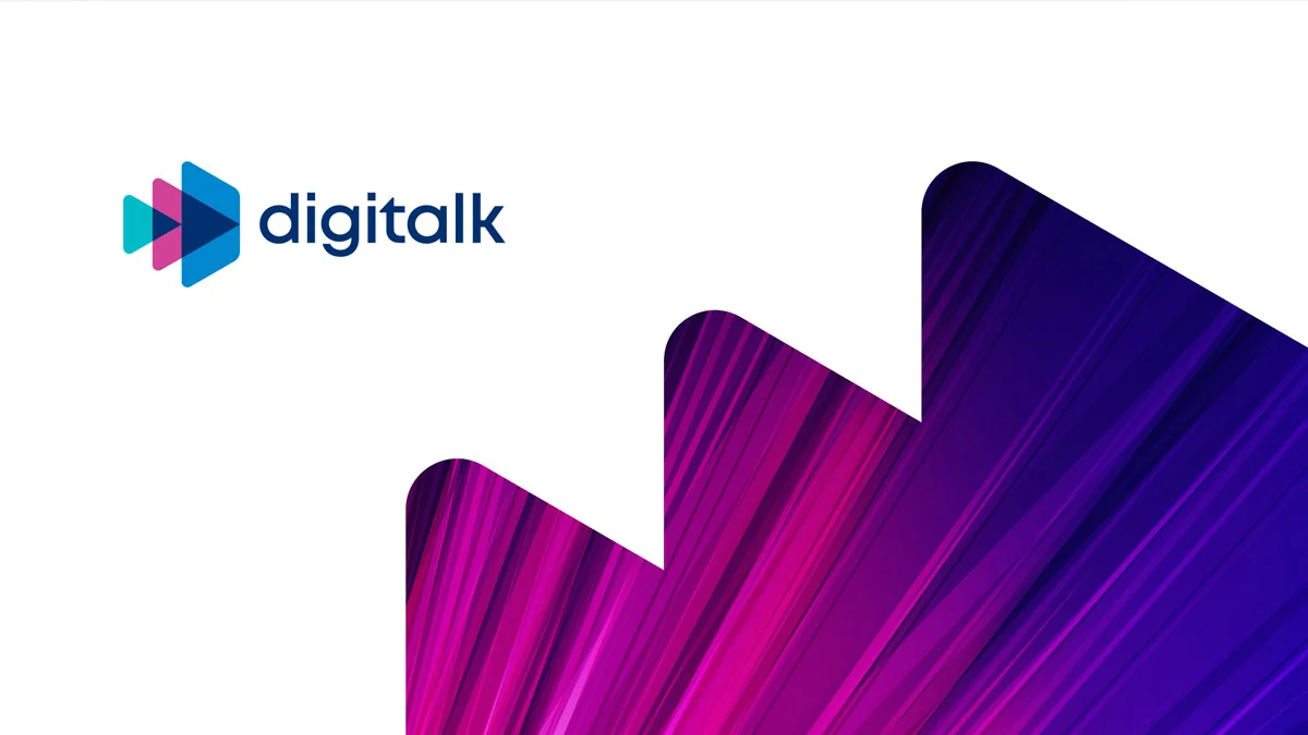 Digitalk logo with extended play-mark texture on white