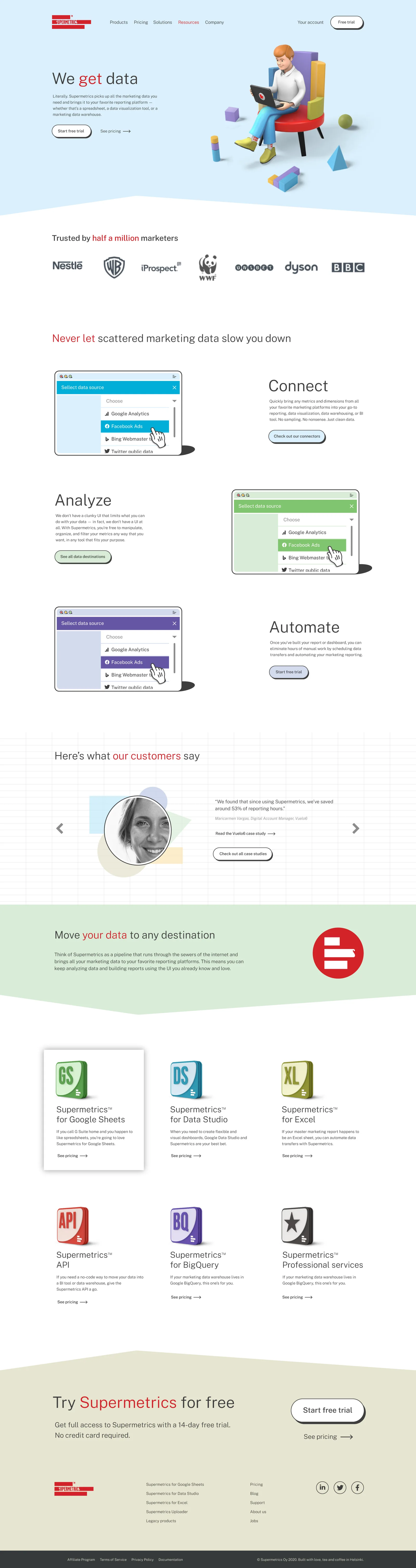 Full-page view of the restyled Supermetrics homepage, from the armchair hero through product destinations